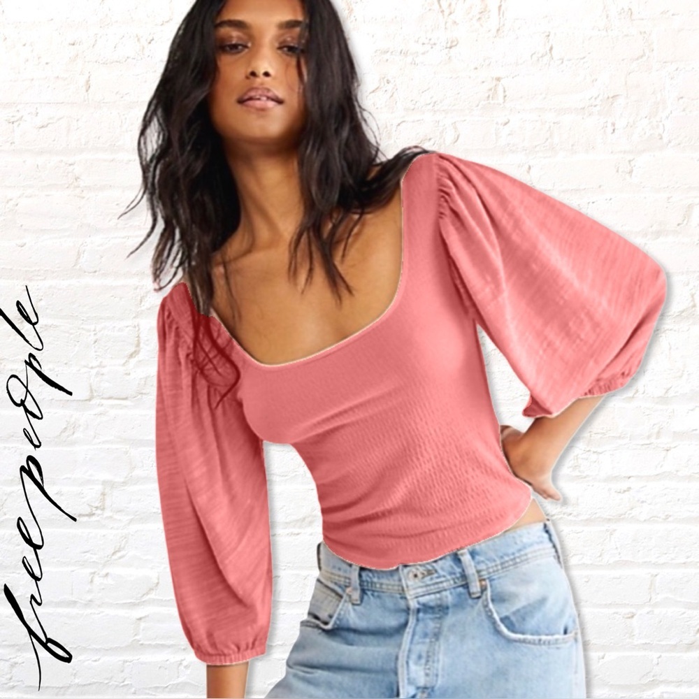 Free People Day Lily Puff Sleeve  Top Coral Pink Size XS Slub Fabric